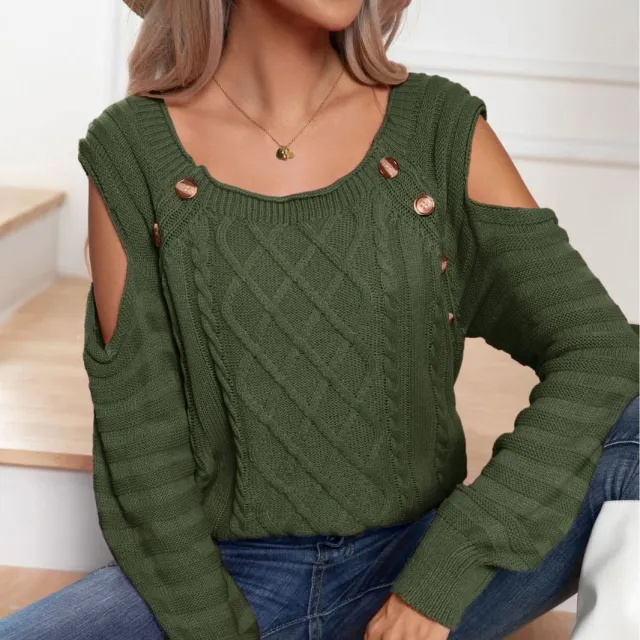 Button Square Collar Off the shoulder Long Sleeve Twisted Cable knit Sweater Women Army Green - Shop at LoveMi