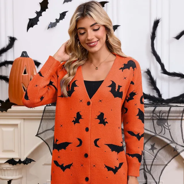 Women's Sweater Bat Jacquard Long Sleeve Cape Cardigan Coat Orange - Shop at LoveMi