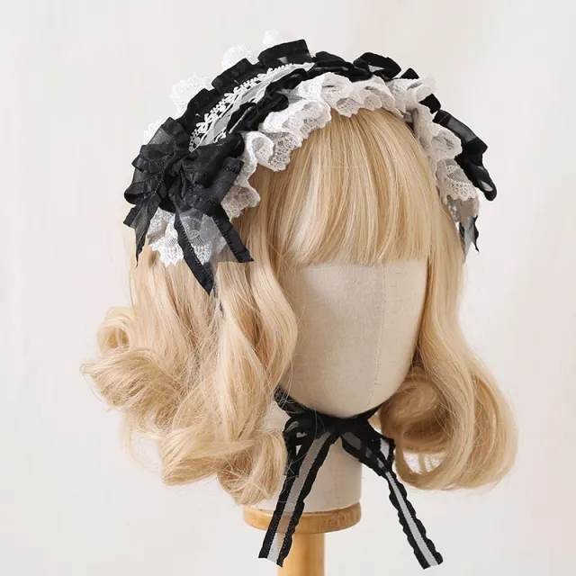 Versatile Color Blocked Bow Lace Headband Black And White Lace - Shop at LoveMi