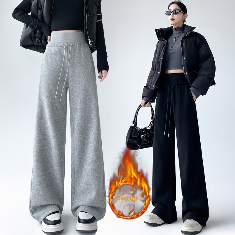 Fleece-lined Thick Loose Casual High Waist Drooping Straight Sports Trousers