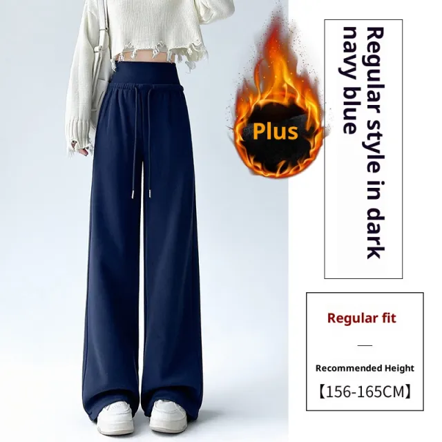 Fleece lined Thick Loose Casual High Waist Drooping Straight Sports Trousers Navy Blue - Shop at LoveMi