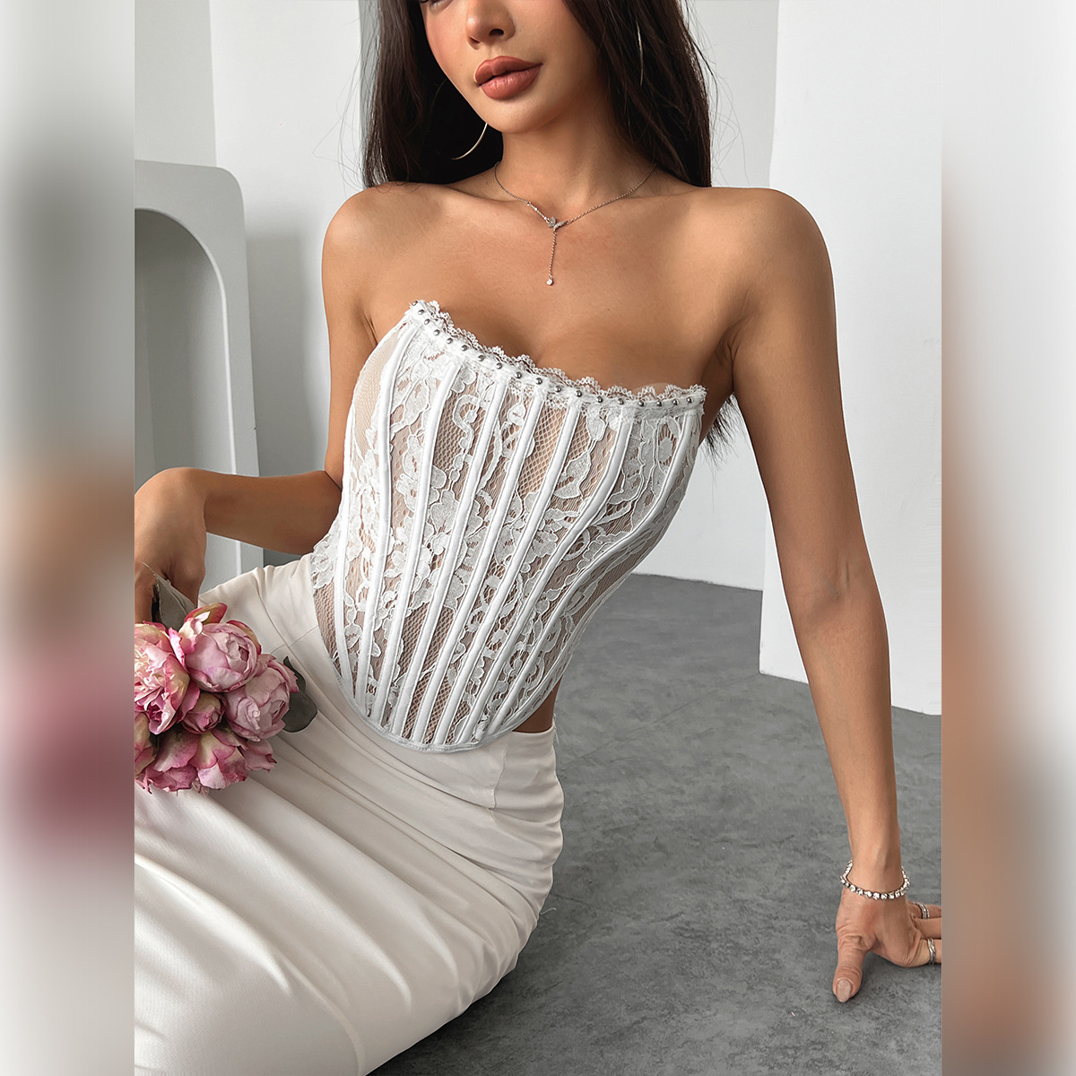 Floral Lace Fishbone Strapless Backless Corset Top - Front View