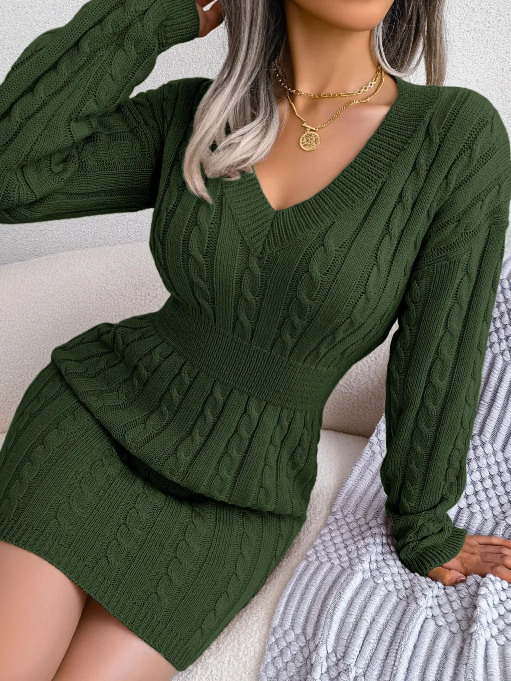 Autumn And Winter Tight Waist Twist Sheath Dress Woolen Skirt - Army Green