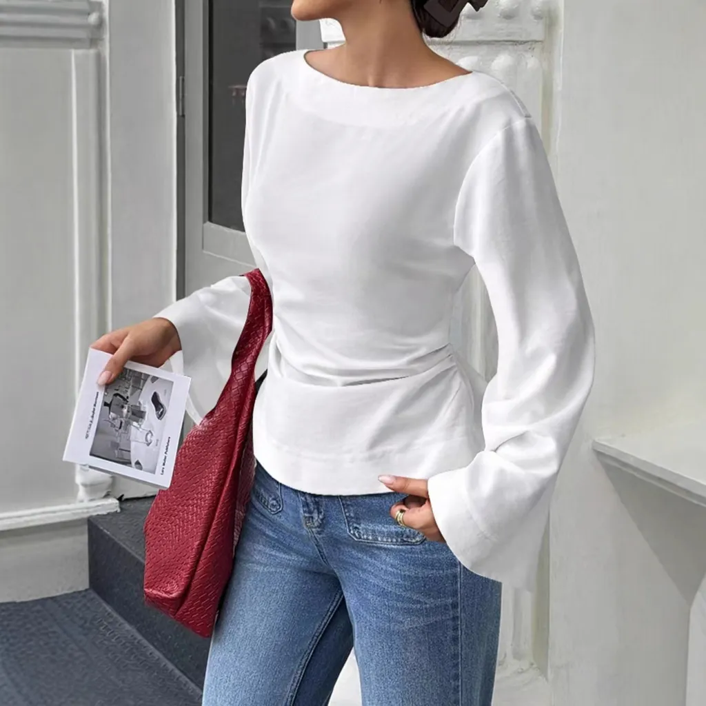 Flared Long Sleeve Pullover Women's Clothing - White