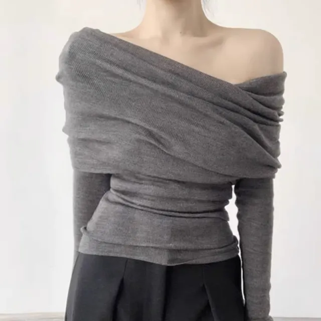 Slim fit Cuffed Off shoulder Long Sleeve Sweater Gray 2 - Shop at LoveMi