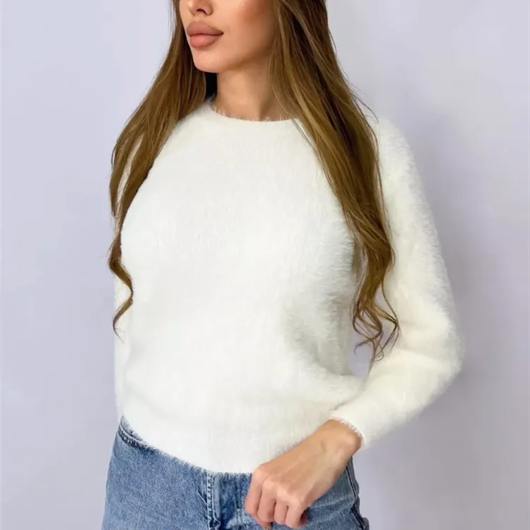 New Plush Pullover Crew Neck Sweater Women - White
