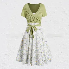 Women's Summer V-neck Short-sleeved Printed Dress Two-piece Set - Green - View 1