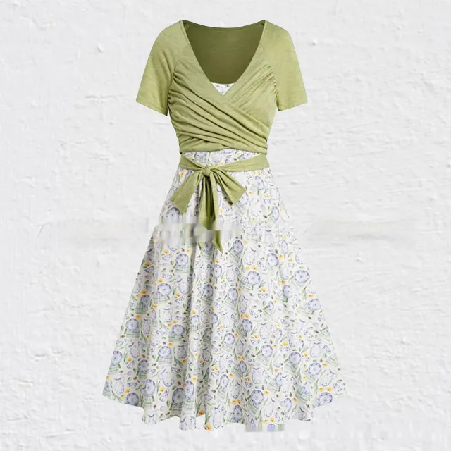 Women's Summer V neck Short sleeved Printed Dress Two piece Set Green - Shop at LoveMi