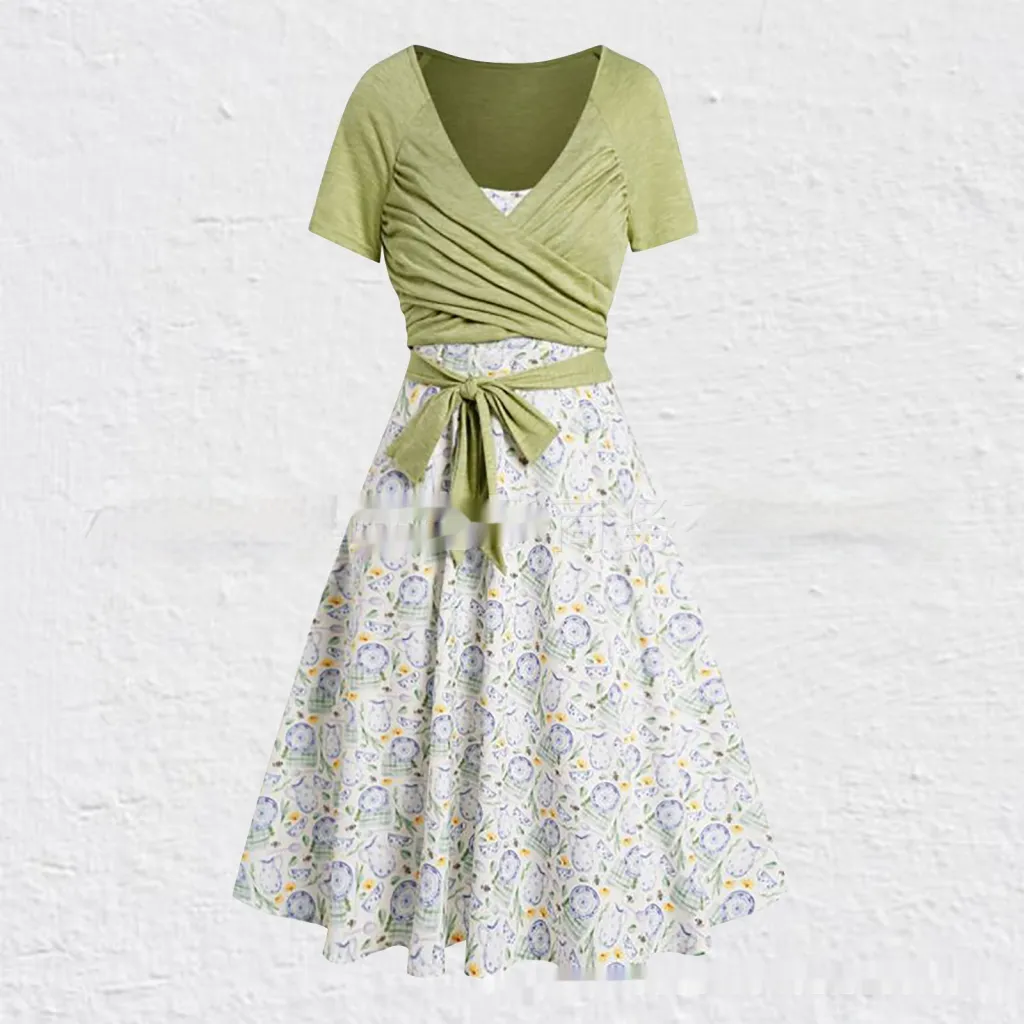 Women's Summer V-neck Short-sleeved Printed Dress Two-piece Set - Green