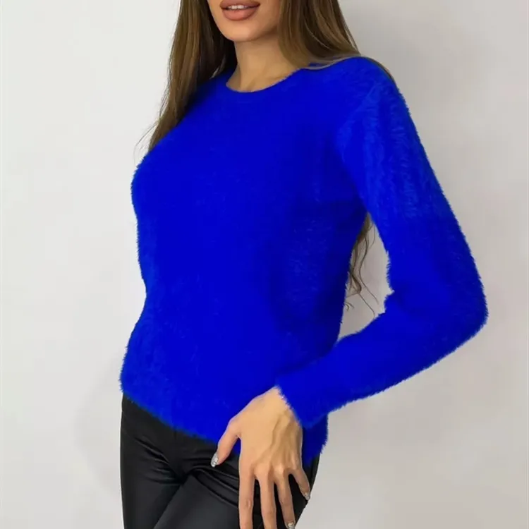New Plush Pullover Crew Neck Sweater Women - Sapphire Blue