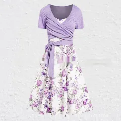 Women's Summer V-neck Short-sleeved Printed Dress Two-piece Set - Purple - View 1