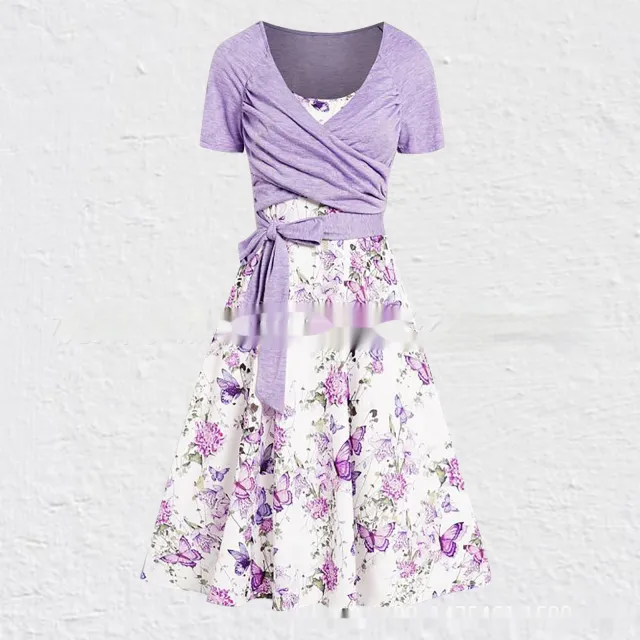Women's Summer V neck Short sleeved Printed Dress Two piece Set Purple - Shop at LoveMi