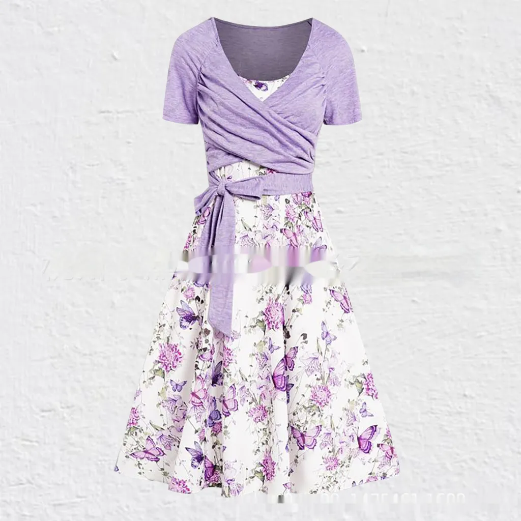 Women's Summer V-neck Short-sleeved Printed Dress Two-piece Set - Purple