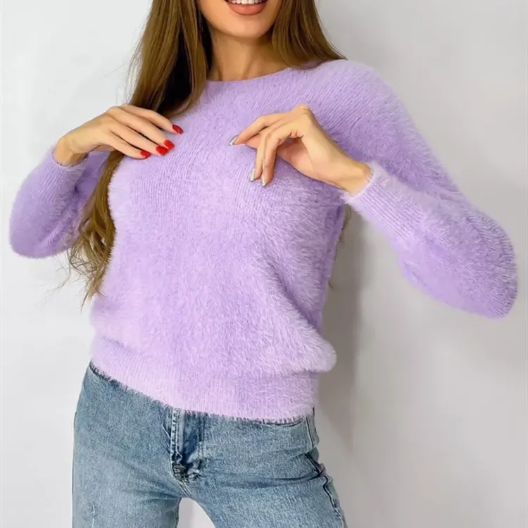 New Plush Pullover Crew Neck Sweater Women - Purple