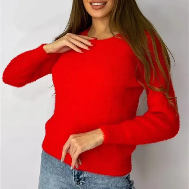 New Plush Pullover Crew Neck Sweater Women Red - Shop at LoveMi