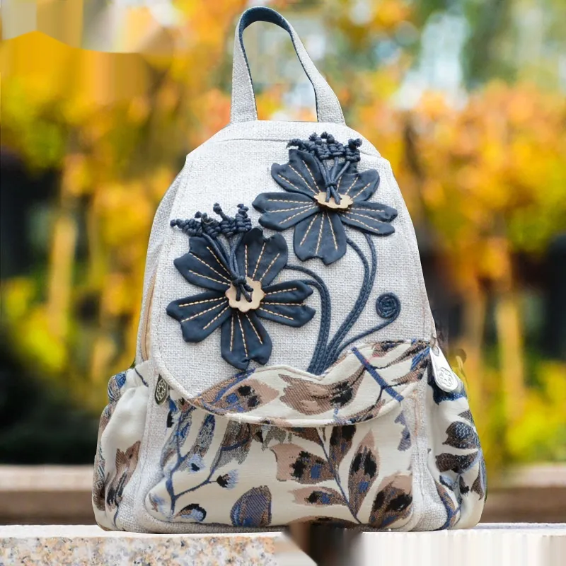 Ethnic Style Backpack Retro Light Canvas Travel - Flowers Are Like Brocade