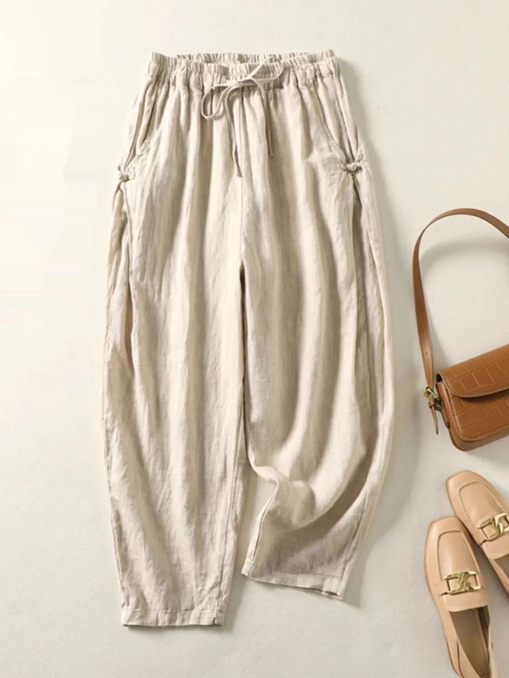 Cotton Cropped Pants Loose Thin Buckle High Waist Lace Up Casual Harem Pants - Optic Linen