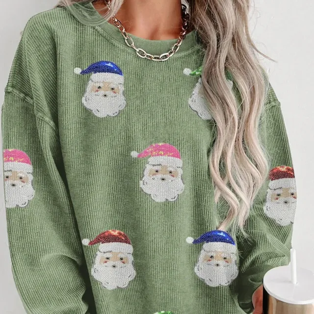 Women's Santa Sequin Ribbed Sweatshirt, Grass Green - Shop at LoveMi