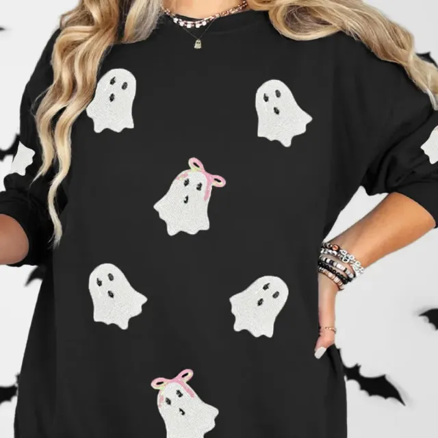 Black Plus Size Sequin Ghost Patched Halloween Graphic Sweatshirt Black - Shop at LoveMi