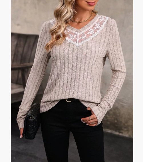 Women's Slim fit T shirt Lace V neck Patchwork Texture Sunken Stripe Knitted Top Khaki 02 - Shop at LoveMi
