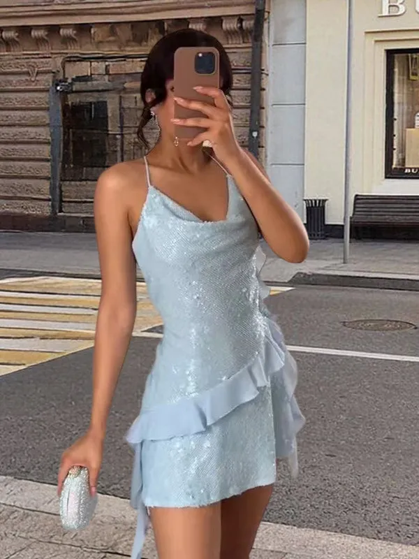 European And American Style Laminated Decoration Sequin Short Dress - Blue
