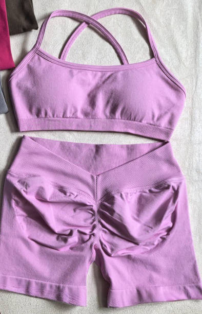 Halter Backless Bra High Waist Peach Sports Shorts Suit Bubble Powder Bra Shorts Set - Shop at LoveMi