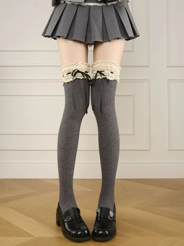 Autumn And Winter Coffee Color Maillard Boots Socks Bow Bandage Gray - Shop at LoveMi