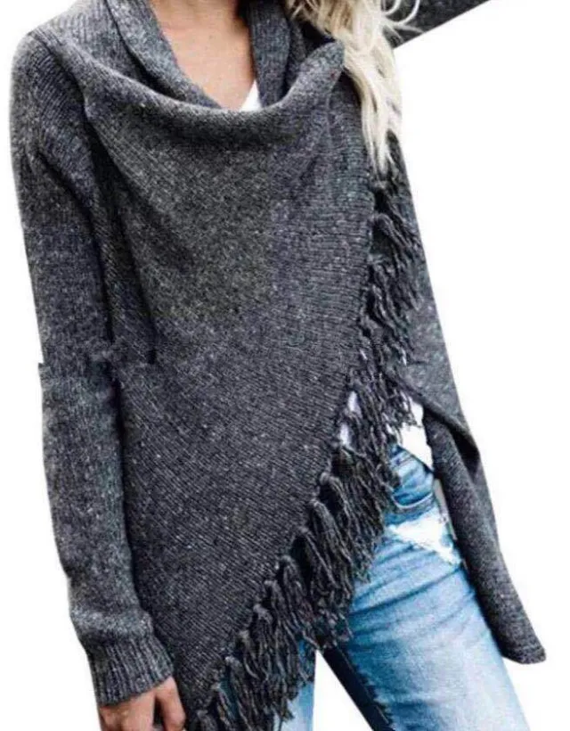 Long Slim Fit Fashion Tassel Stripe Coat Sweater Black - Shop at LoveMi