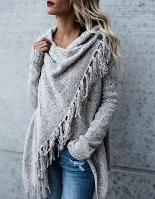 Long Slim Fit Fashion Tassel Stripe Coat Sweater Light Grey - Shop at LoveMi