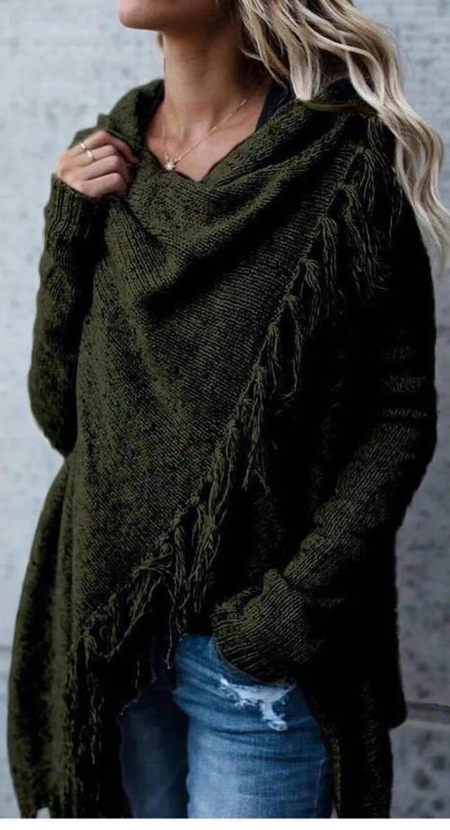 Long Slim Fit Fashion Tassel Stripe Coat Sweater Green - Shop at LoveMi