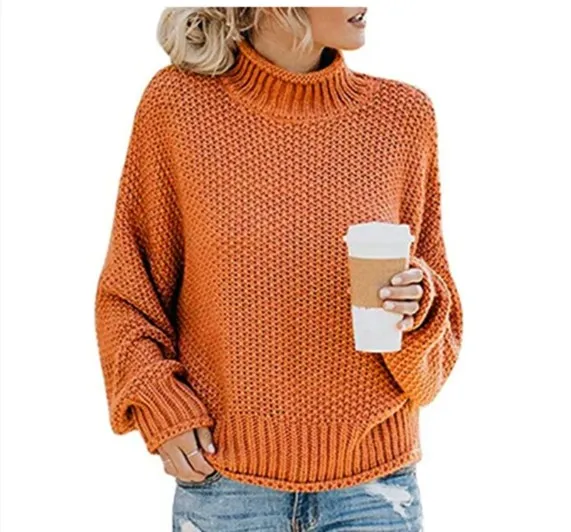 Women's Turtleneck Sweater Loose Solid Color Orange - Shop at LoveMi