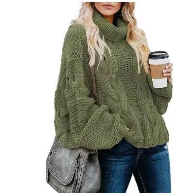 Women's Fashion Casual Turtleneck Pullover Loose fitting Long Sleeves Sweater Green - Shop at LoveMi