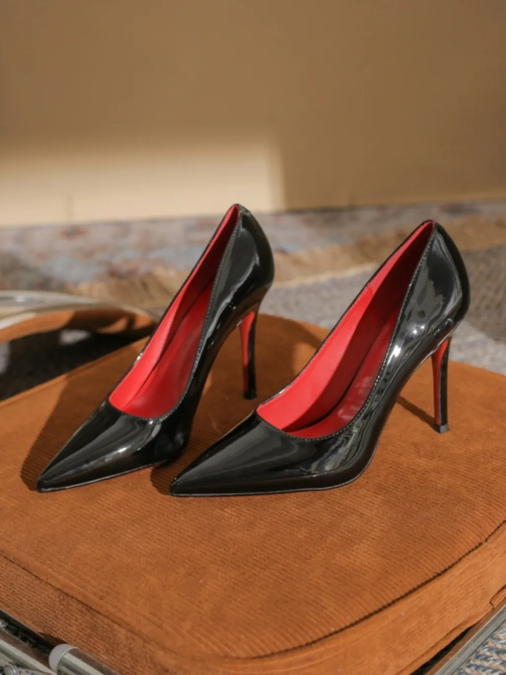 Pointed Toe Stiletto Heel Shiny Elegant Single Shoes Patent Leather Women's Shoes - Black