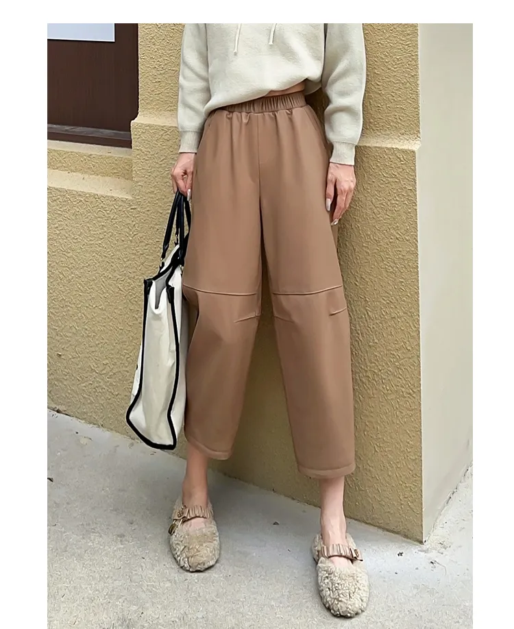 Women's Casual Simple All-match Leather Wide-leg Trousers - Apricot