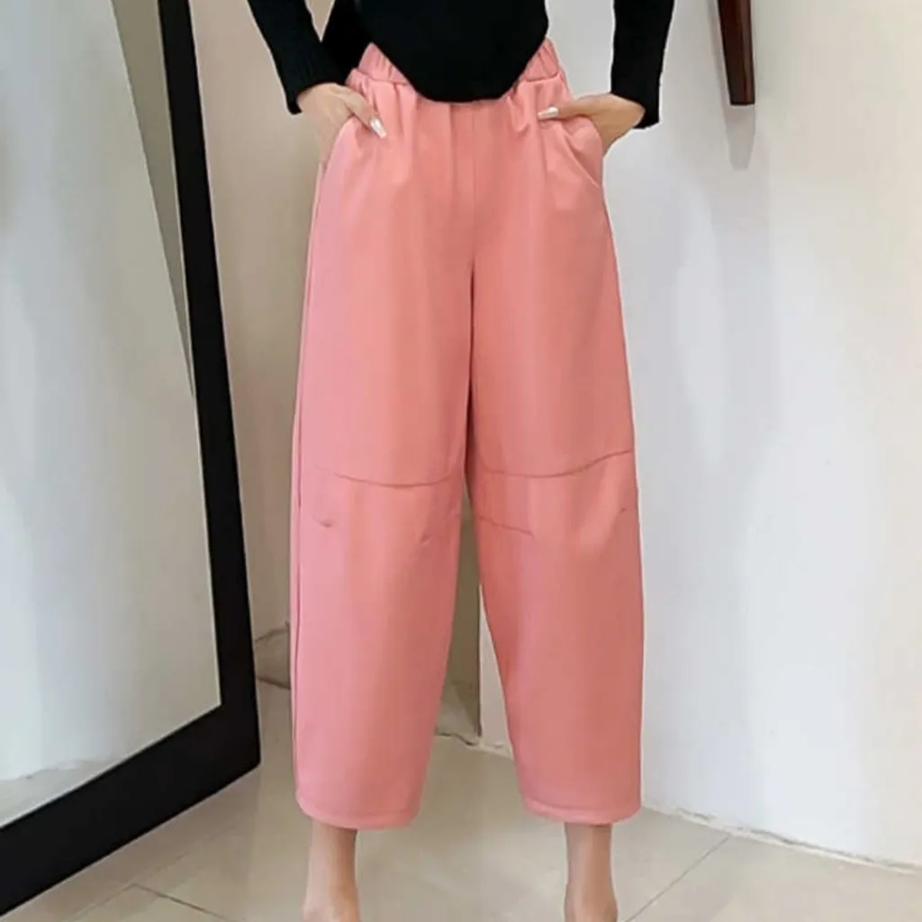 Women's Casual Simple All-match Leather Wide-leg Trousers - Pink