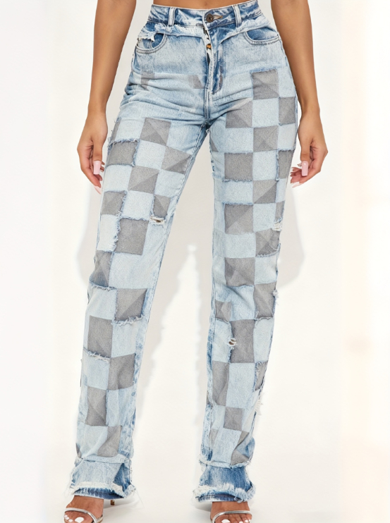 High-waisted straight leg medium wash denim jeans featuring a bold checkered patchwork design with distressed frayed edges and light blue fading.