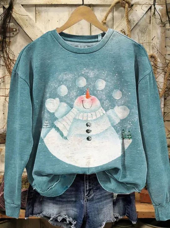 Vintage Christmas Snowman Print Casual Cotton Sweatshirt - Blue