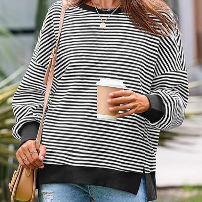 Waffle Knitted Long Sleeve Crew Neck Split Pullover Sweater