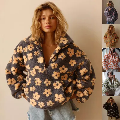 Winter Flowers Lambskin Sweatshirt With Big Pocket Casual Loose Zip-up Lapel Pullover Top Women's Clothing