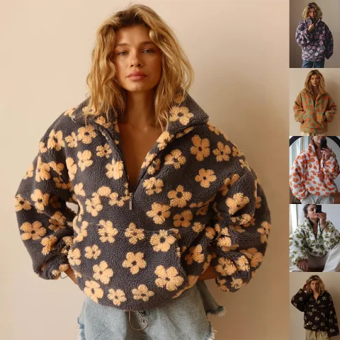 Winter Flowers Lambskin Sweatshirt with Big Pocket Casual Loose