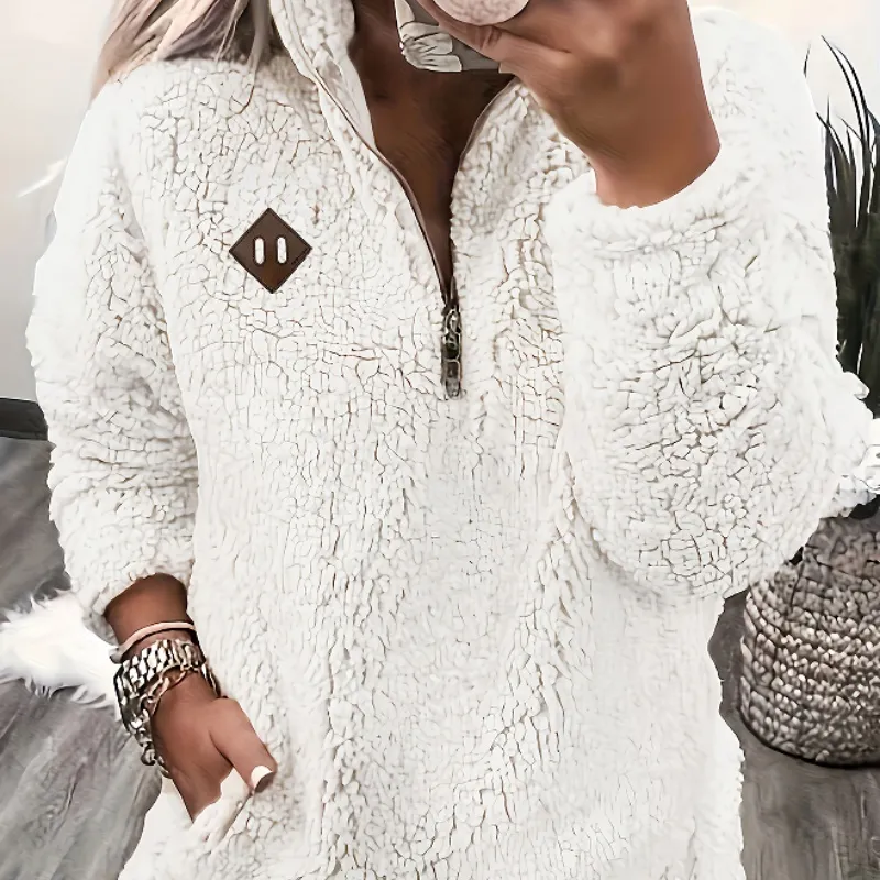 Solid Color Plush Half Zipper Pocket Pullover Sweater Top Women - White