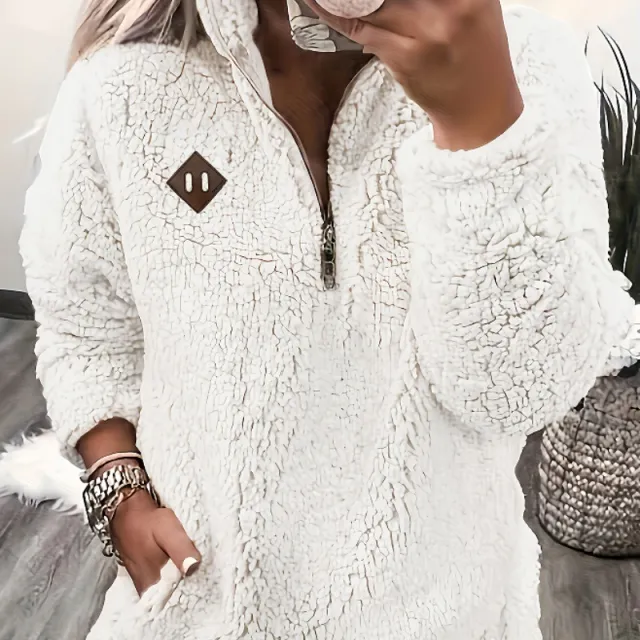 Solid Color Plush Half Zipper Pocket Pullover Sweater Top Women White - Shop at LoveMi