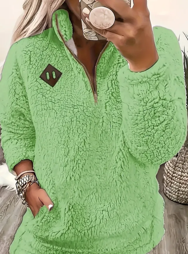 Solid Color Plush Half Zipper Pocket Pullover Sweater Top Women Green - Shop at LoveMi
