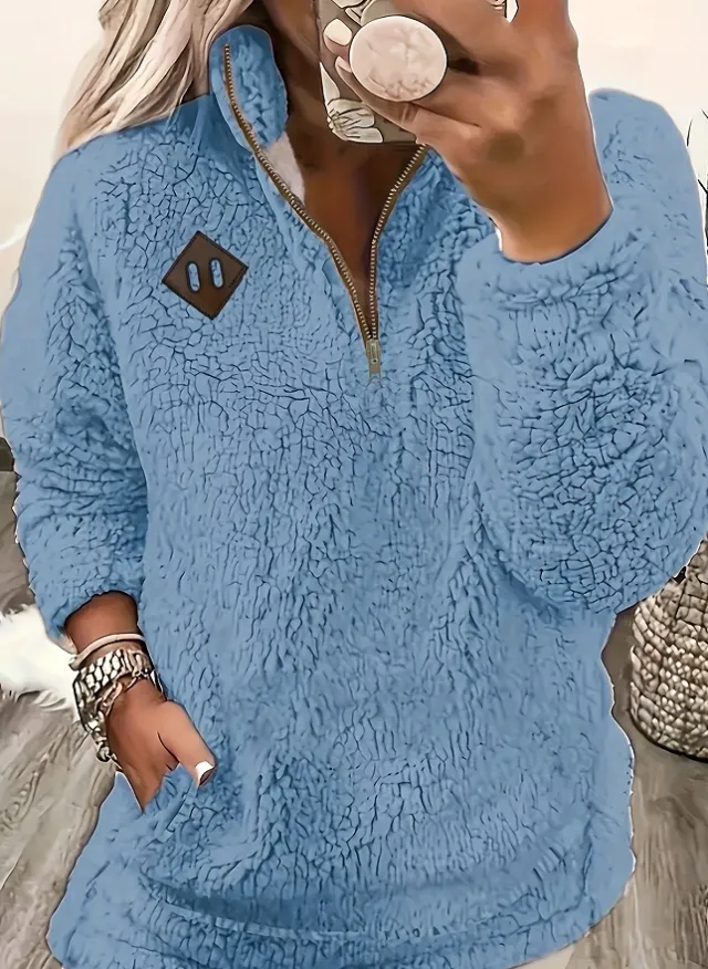 Solid Color Plush Half Zipper Pocket Pullover Sweater Top Women Blue - Shop at LoveMi
