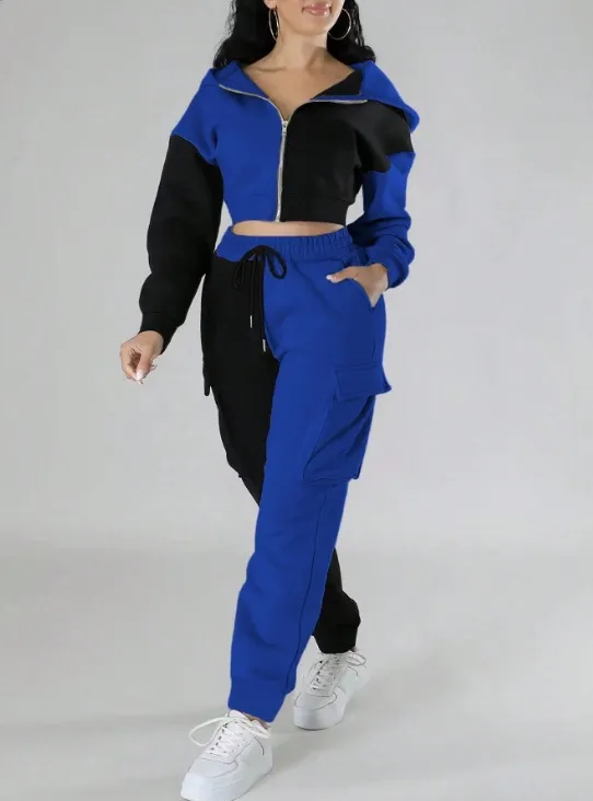 Fashion Double Mixed Color Hooded Autumn Suit Blue - Shop at LoveMi