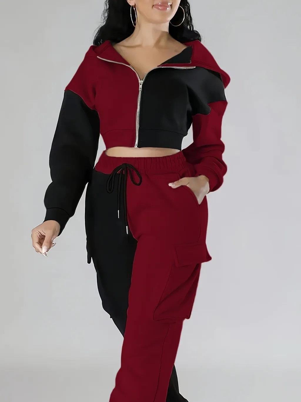 Fashion Double Mixed Color Hooded Autumn Suit - Wine Red