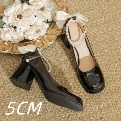 Mary Jane Shoes Pearl Ribbon Patent Leather Fairy Style - Black - View 1