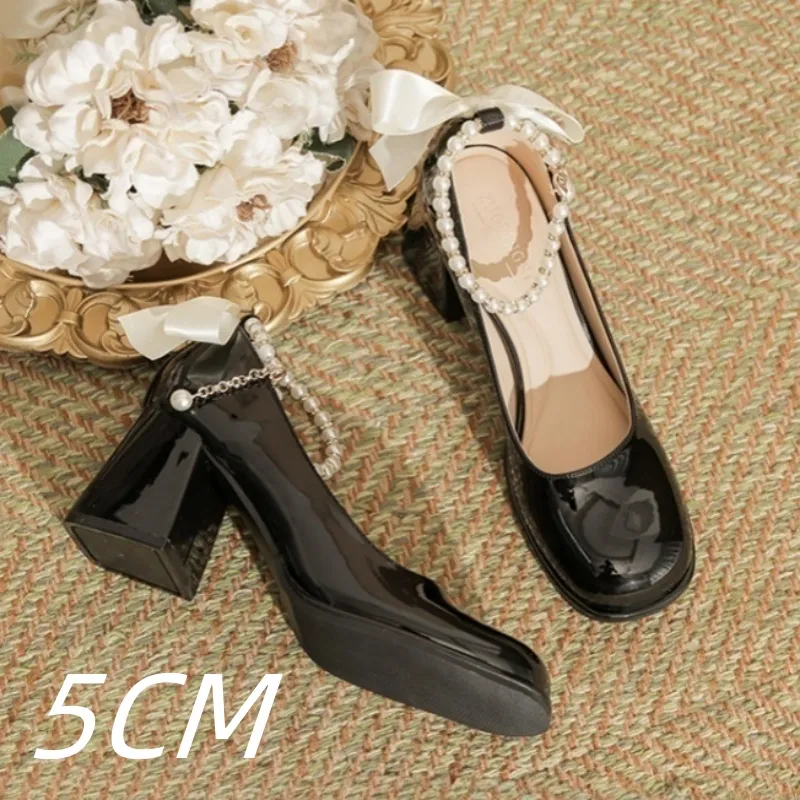 Mary Jane Shoes Pearl Ribbon Patent Leather Fairy Style - Black