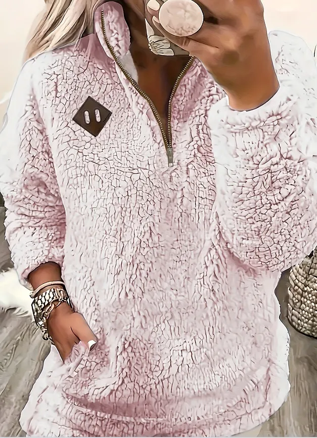 Solid Color Plush Half Zipper Pocket Pullover Sweater Top Women Light Pink - Shop at LoveMi