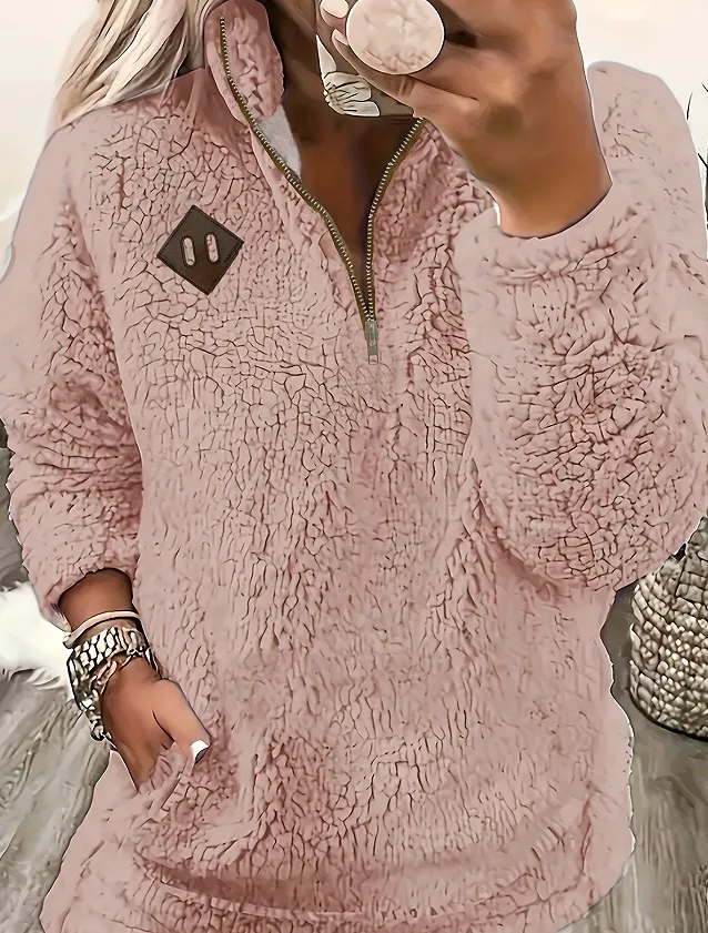 Solid Color Plush Half Zipper Pocket Pullover Sweater Top Women Leather Pink - Shop at LoveMi